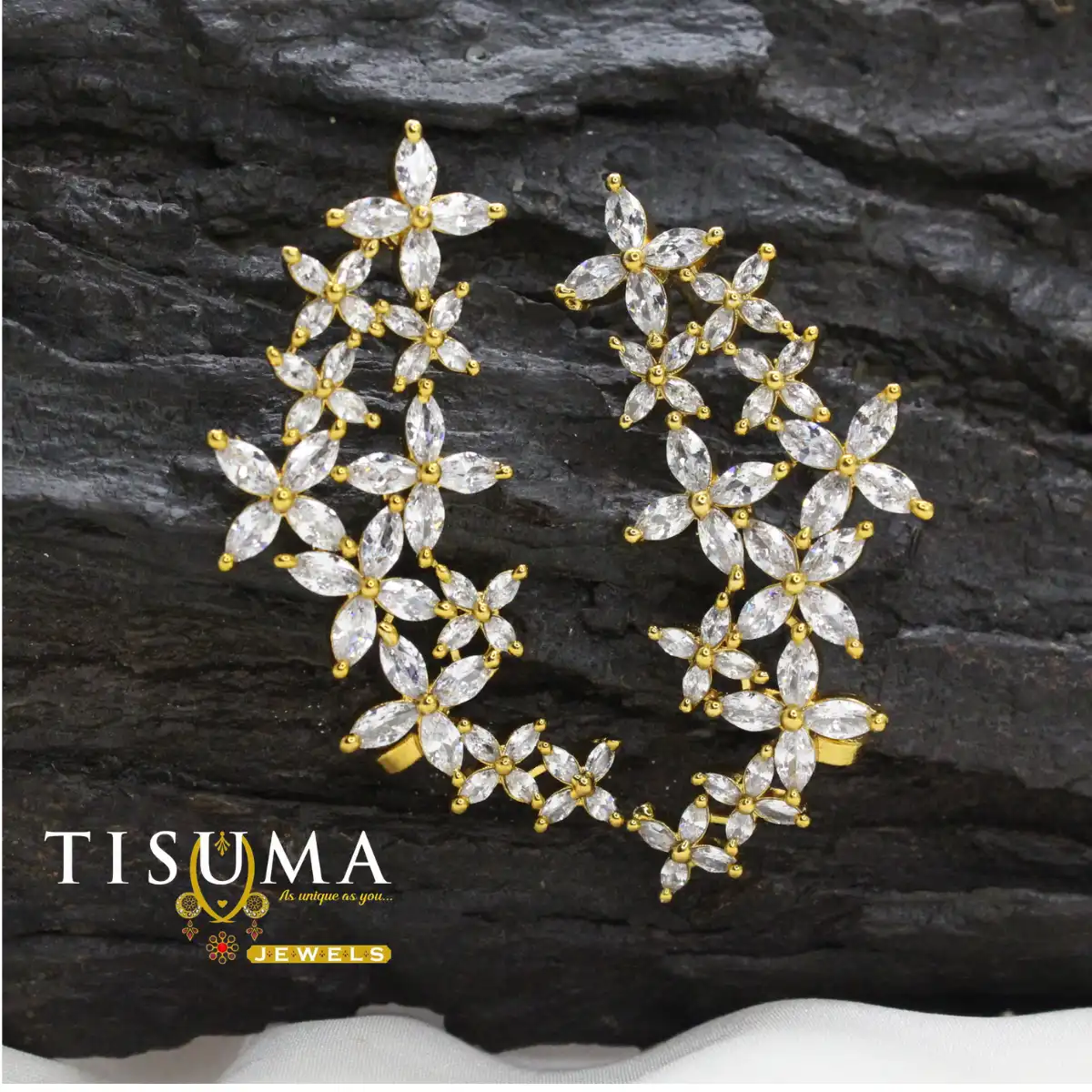 Modern 18K Gold Plated Marquise CZ Crystal Floral Vine Full-Ear Climber Crawler Ear Cuffs TIS-ERC-008 for Women